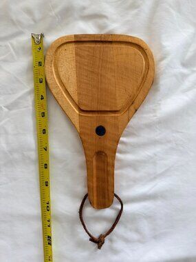 Vintage Wooden Paddle-Style Cutting Board With Leather Strap 11" X 7.5" Made In